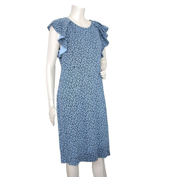 Lands' End Floral Dress Stretch Ruffle Sleeve Ditsy Flower Zip Back Stretch Blue - Picture 2 of 11